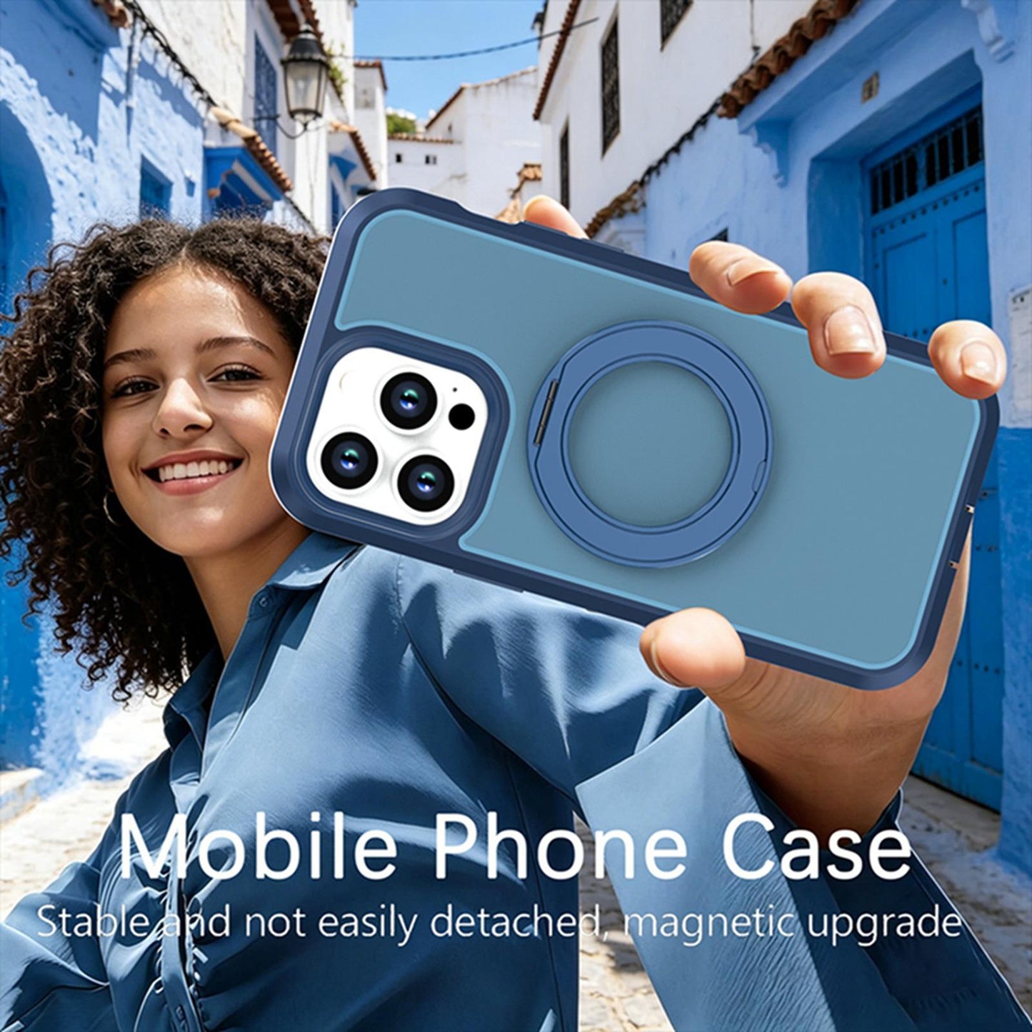 For iPhone 14 Pro Max Silicone Magnetic Anti-drop Protective Phone Case with 360 Rotating Holder(Blue)