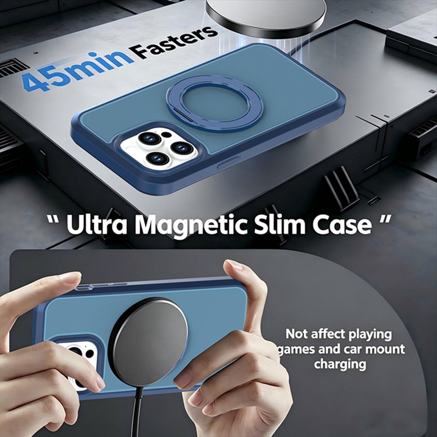 For iPhone 14 Pro Max Silicone Magnetic Anti-drop Protective Phone Case with 360 Rotating Holder(Blue)