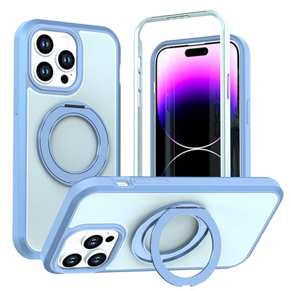 For iPhone 14 Pro Max Silicone Magnetic Anti-drop Protective Phone Case with 360 Rotating Holder(Light Blue)