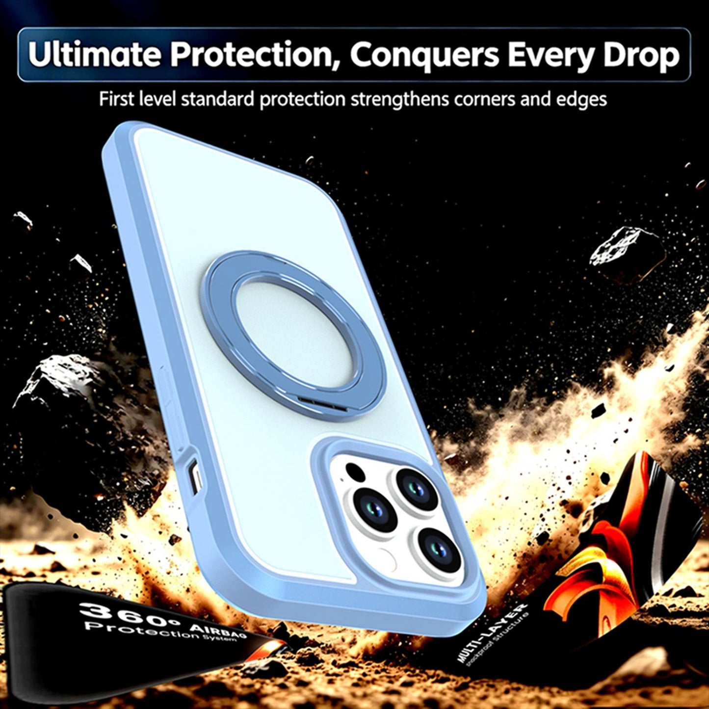 For iPhone 14 Pro Max Silicone Magnetic Anti-drop Protective Phone Case with 360 Rotating Holder(Light Blue)