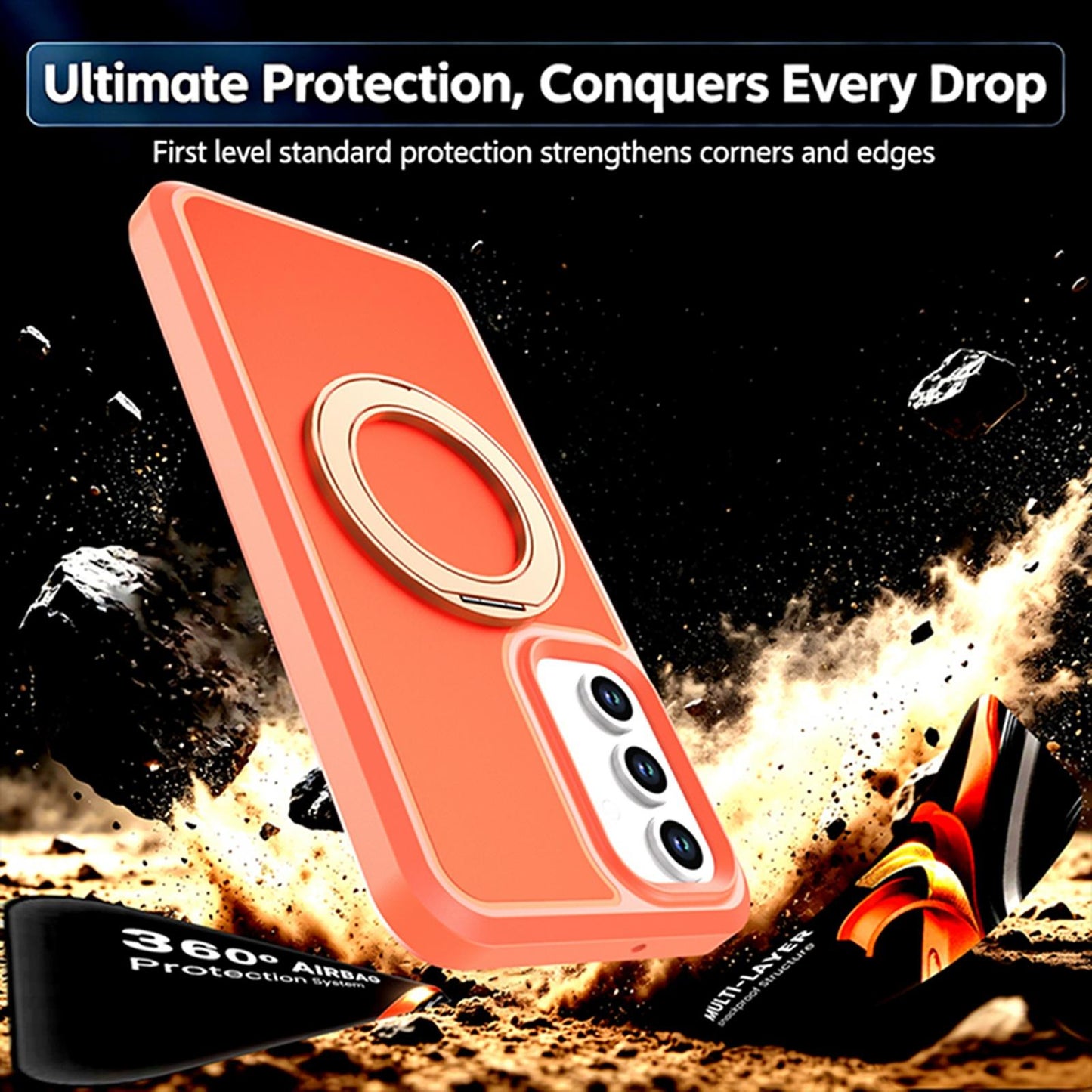 For Galaxy A18 5G / 4G Silicone Magnetic Anti-drop Protective Phone Case with 360 Rotating Holder(Orange)