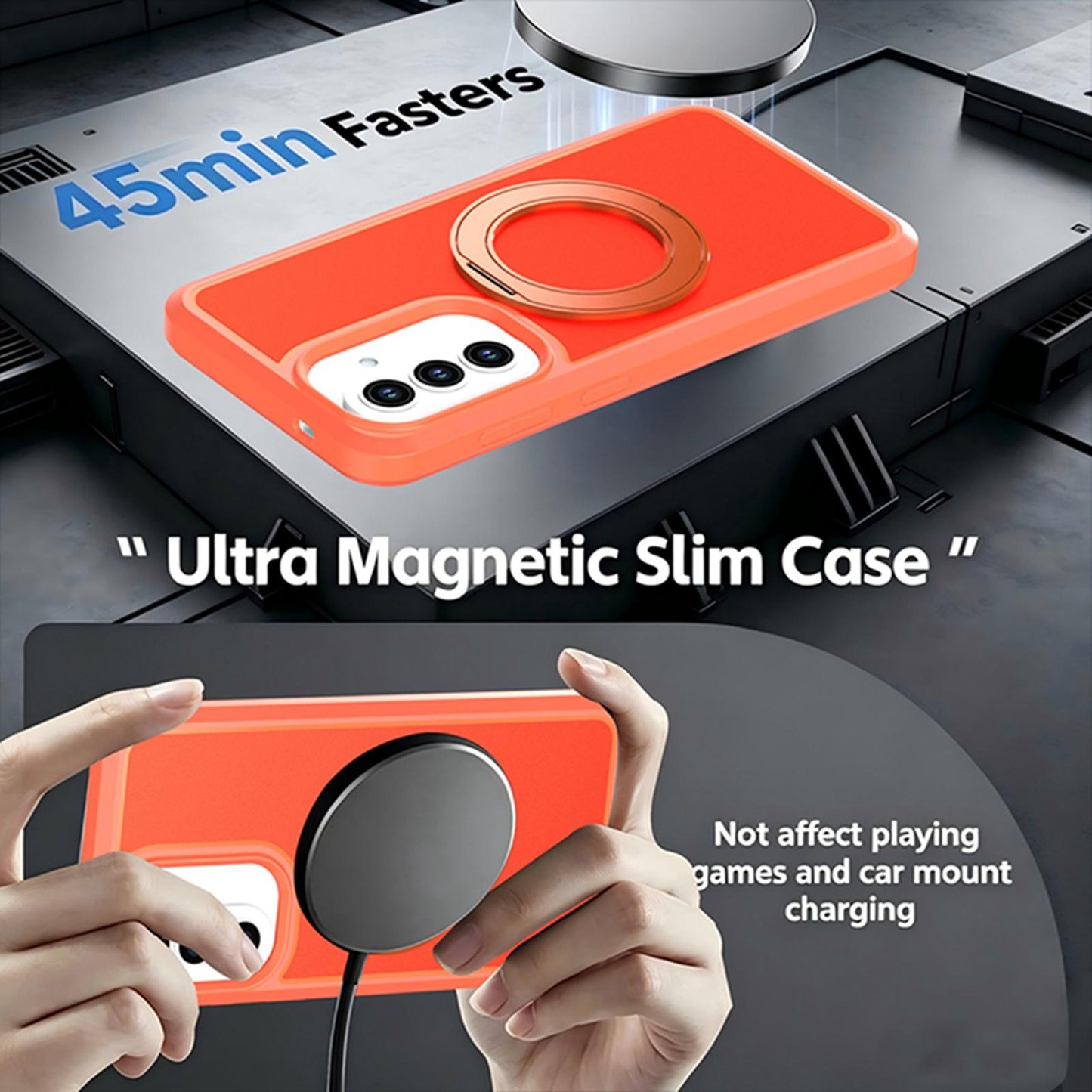 For Galaxy A57 5G Silicone Magnetic Anti-drop Protective Phone Case with 360 Rotating Holder(Orange)