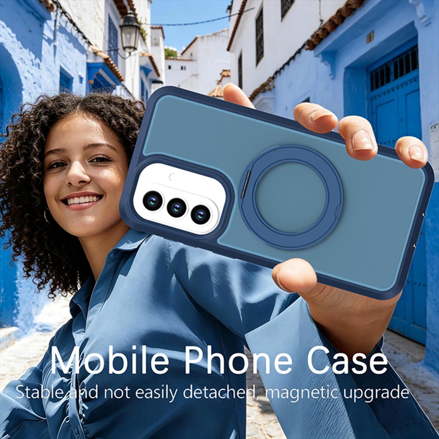 For Galaxy A57 5G Silicone Magnetic Anti-drop Protective Phone Case with 360 Rotating Holder(Blue)