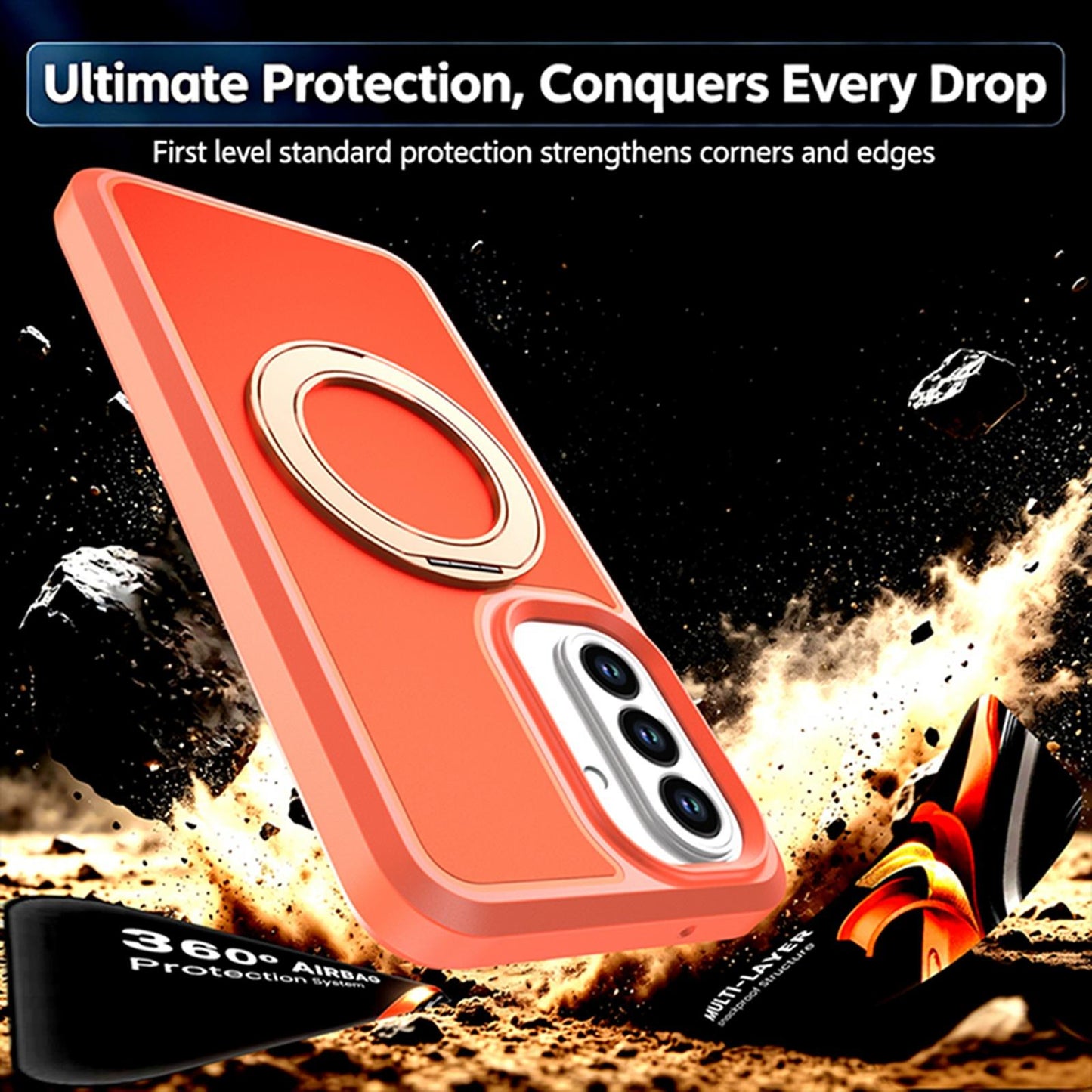 For Galaxy A27 5G Silicone Magnetic Anti-drop Protective Phone Case with 360 Rotating Holder(Orange)
