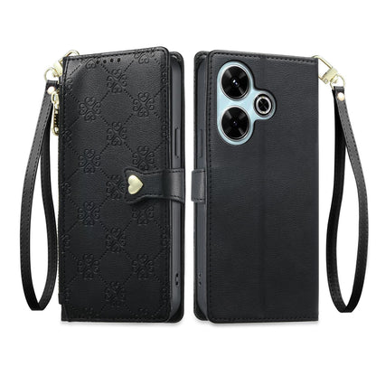 For Redmi 13 / Note 13R / Poco M6 4G Zipper Wallet Heart Buckle Vegan Leather Phone Case with Wrist Strap(Black)