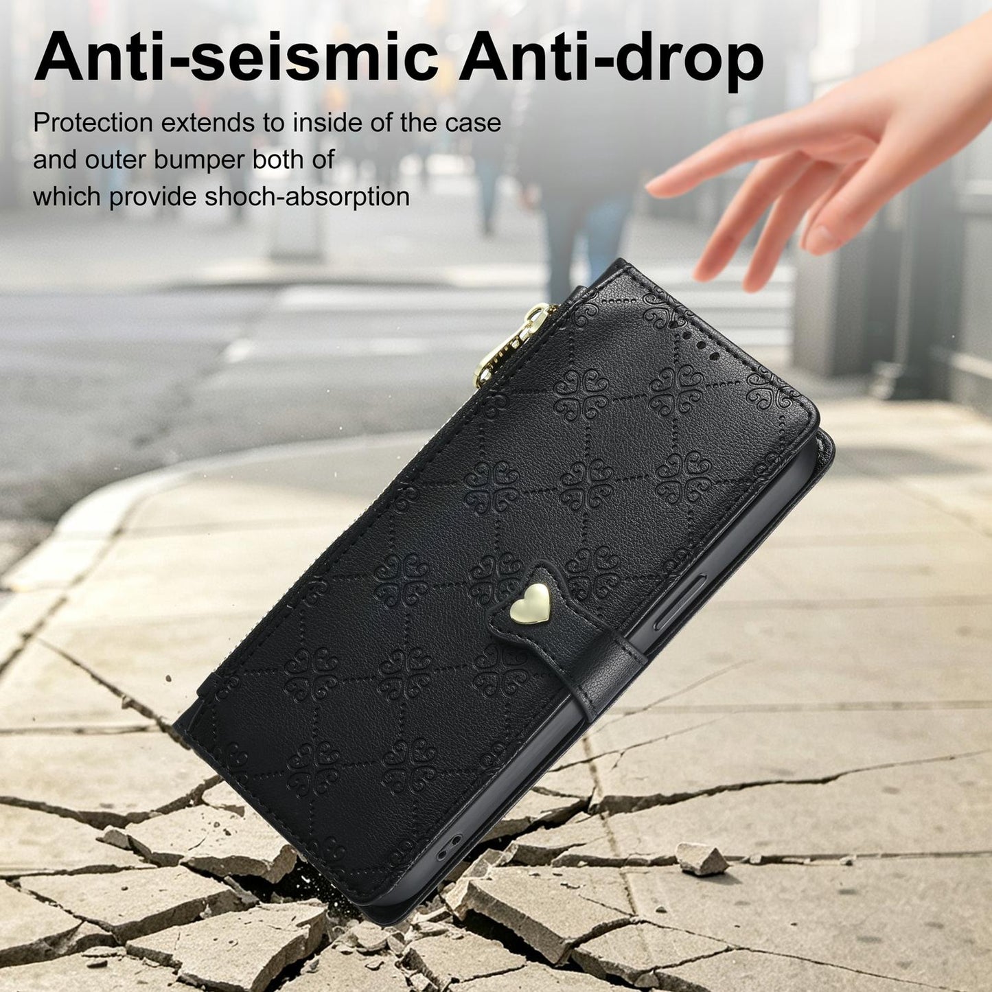 For Redmi 13 / Note 13R / Poco M6 4G Zipper Wallet Heart Buckle Vegan Leather Phone Case with Wrist Strap(Black)