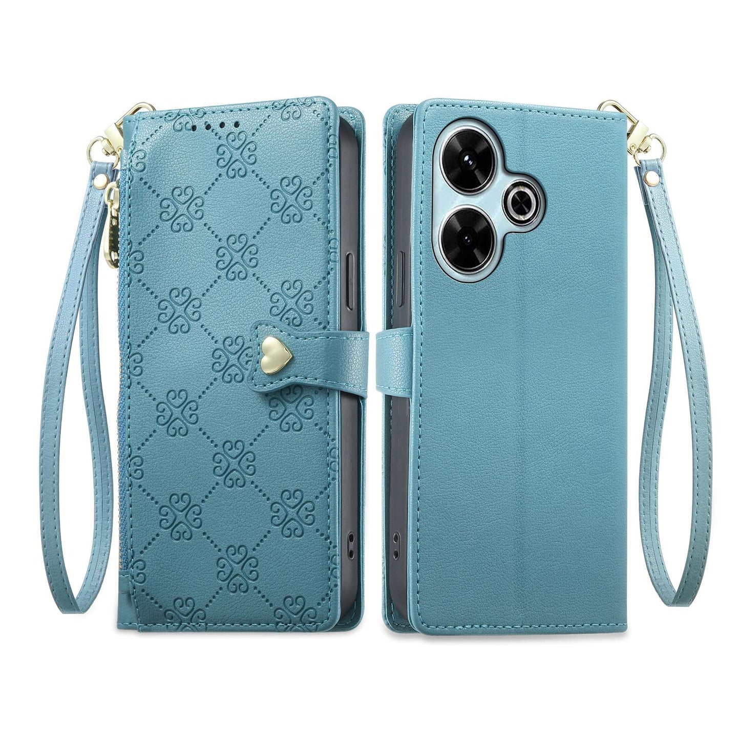 For Redmi 13 / Note 13R / Poco M6 4G Zipper Wallet Heart Buckle Vegan Leather Phone Case with Wrist Strap(Lake Blue)