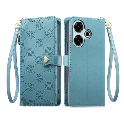 For Redmi 13 / Note 13R / Poco M6 4G Zipper Wallet Heart Buckle Vegan Leather Phone Case with Wrist Strap(Lake Blue)