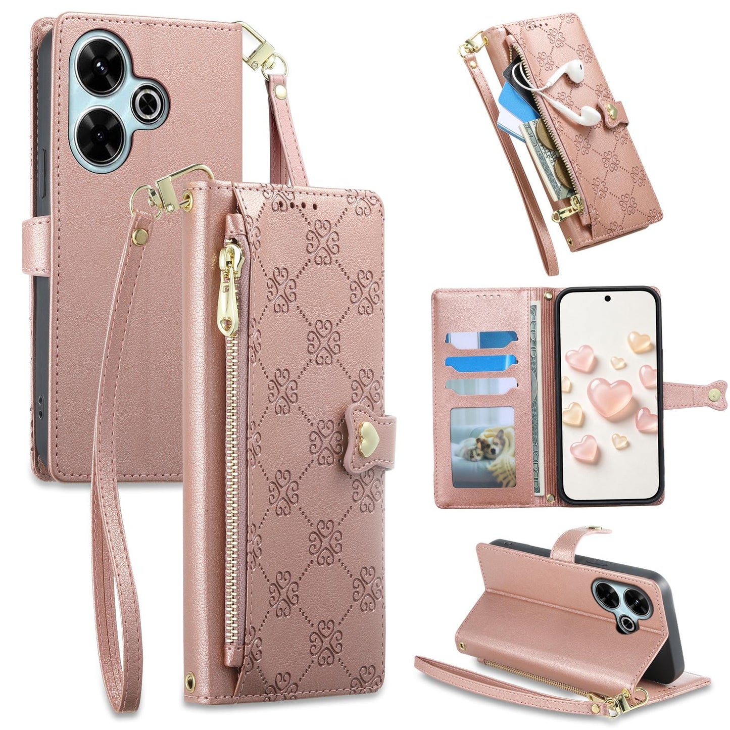 For Redmi 13 / Note 13R / Poco M6 4G Zipper Wallet Heart Buckle Vegan Leather Phone Case with Wrist Strap(Pink)