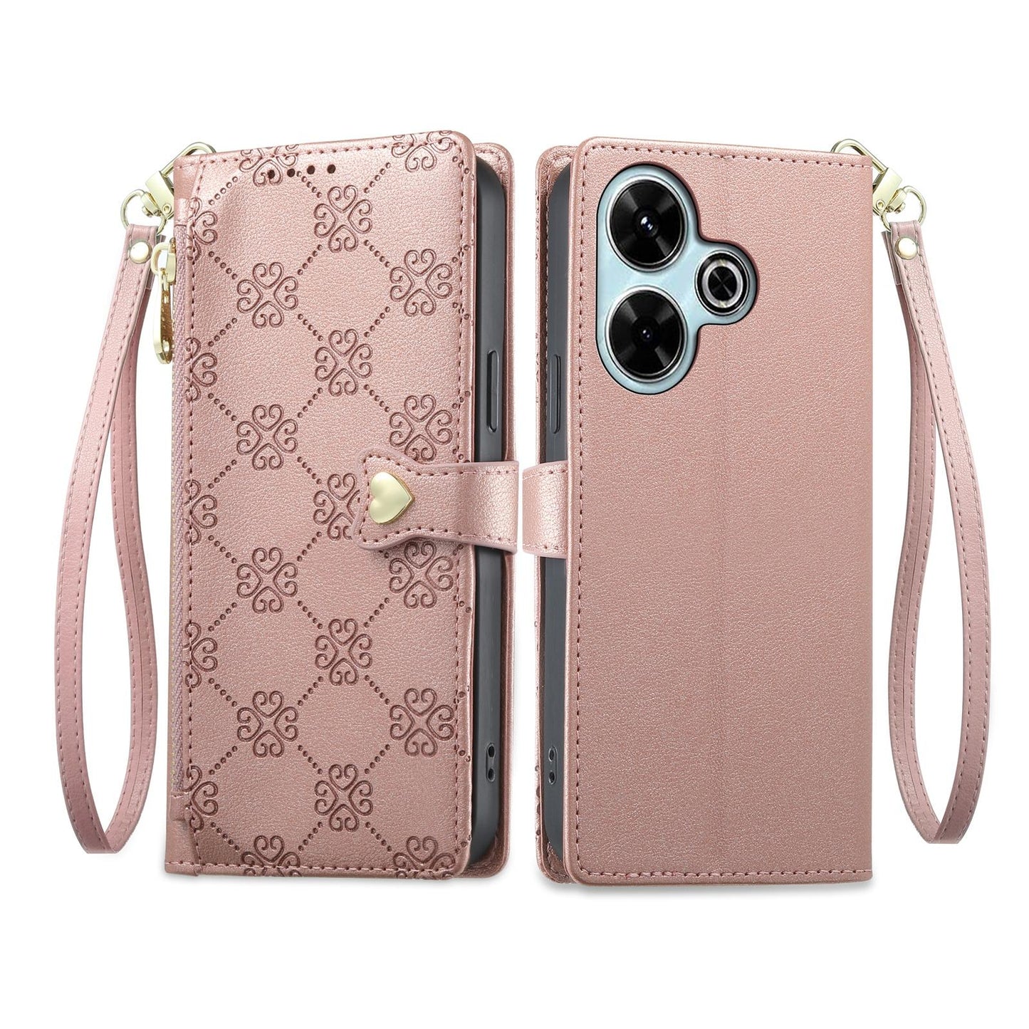 For Redmi 13 / Note 13R / Poco M6 4G Zipper Wallet Heart Buckle Vegan Leather Phone Case with Wrist Strap(Pink)