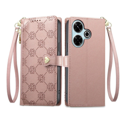 For Redmi 13 / Note 13R / Poco M6 4G Zipper Wallet Heart Buckle Vegan Leather Phone Case with Wrist Strap(Pink)