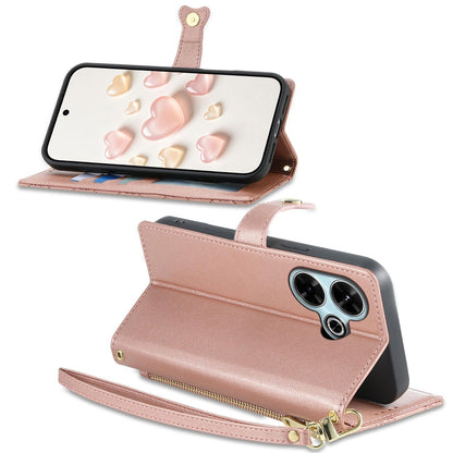 For Redmi 13 / Note 13R / Poco M6 4G Zipper Wallet Heart Buckle Vegan Leather Phone Case with Wrist Strap(Pink)