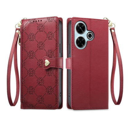For Redmi 13 / Note 13R / Poco M6 4G Zipper Wallet Heart Buckle Vegan Leather Phone Case with Wrist Strap(Red)