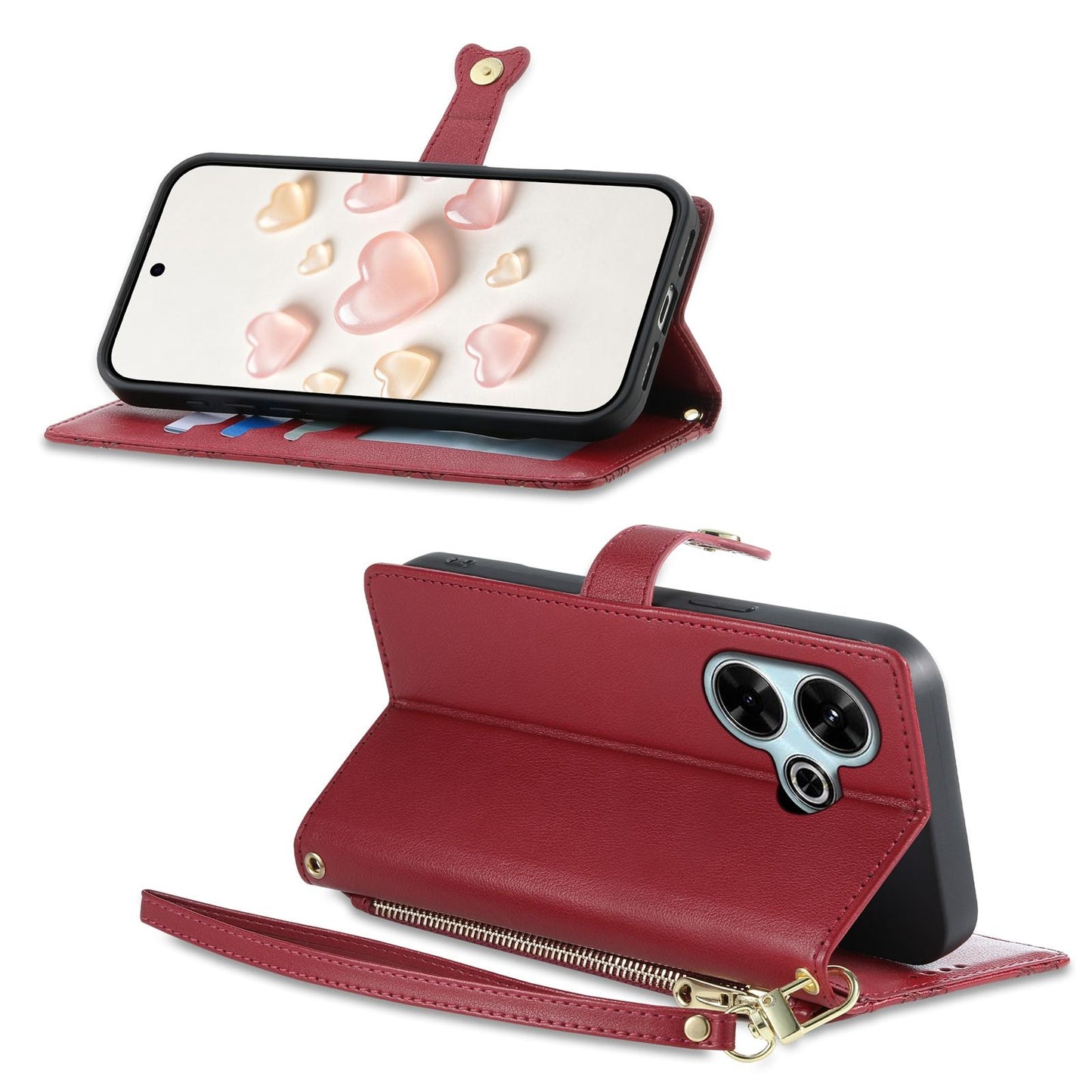For Redmi 13 / Note 13R / Poco M6 4G Zipper Wallet Heart Buckle Vegan Leather Phone Case with Wrist Strap(Red)