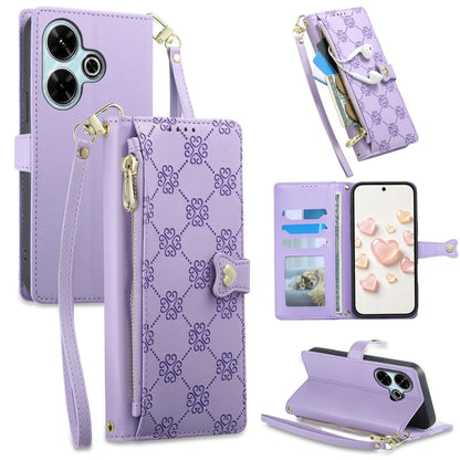 For Redmi 13 / Note 13R / Poco M6 4G Zipper Wallet Heart Buckle Vegan Leather Phone Case with Wrist Strap(Purple)