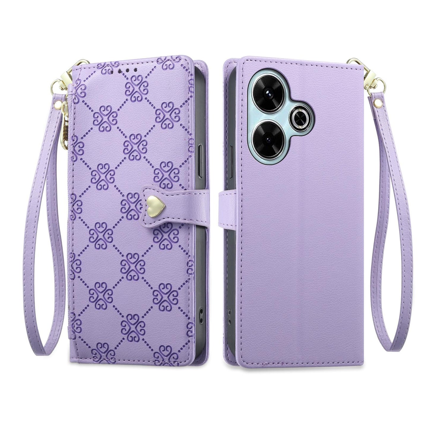 For Redmi 13 / Note 13R / Poco M6 4G Zipper Wallet Heart Buckle Vegan Leather Phone Case with Wrist Strap(Purple)