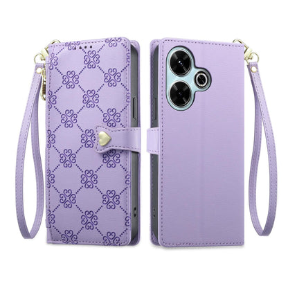 For Redmi 13 / Note 13R / Poco M6 4G Zipper Wallet Heart Buckle Vegan Leather Phone Case with Wrist Strap(Purple)