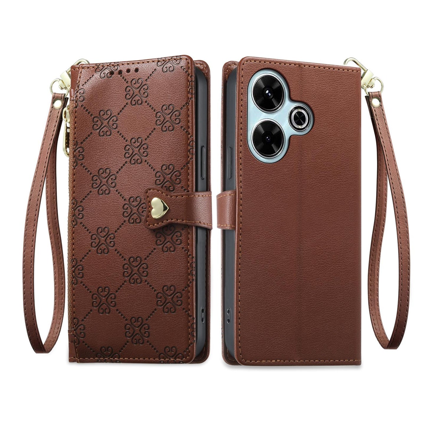 For Redmi 13 / Note 13R / Poco M6 4G Zipper Wallet Heart Buckle Vegan Leather Phone Case with Wrist Strap(Brown)