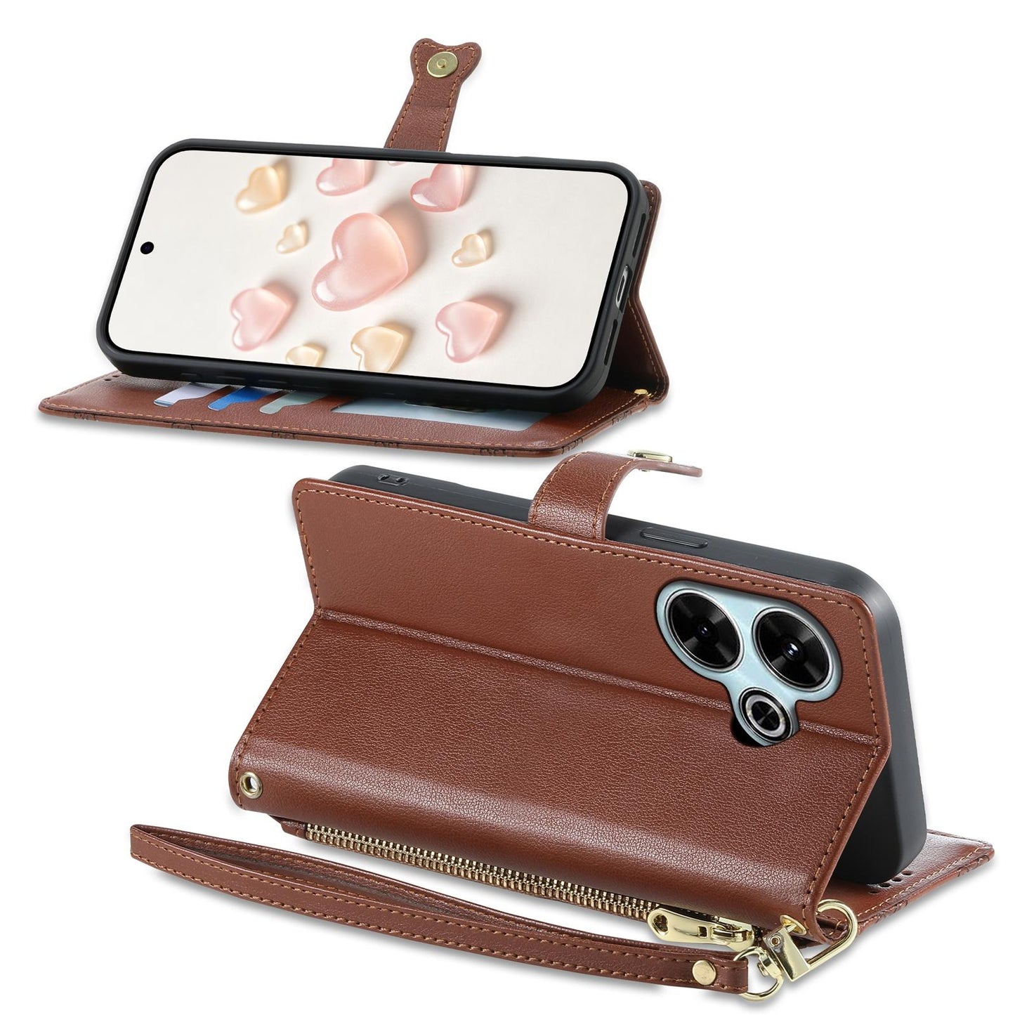 For Redmi 13 / Note 13R / Poco M6 4G Zipper Wallet Heart Buckle Vegan Leather Phone Case with Wrist Strap(Brown)