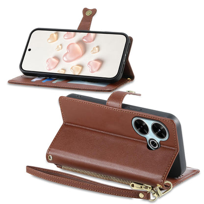 For Redmi 13 / Note 13R / Poco M6 4G Zipper Wallet Heart Buckle Vegan Leather Phone Case with Wrist Strap(Brown)