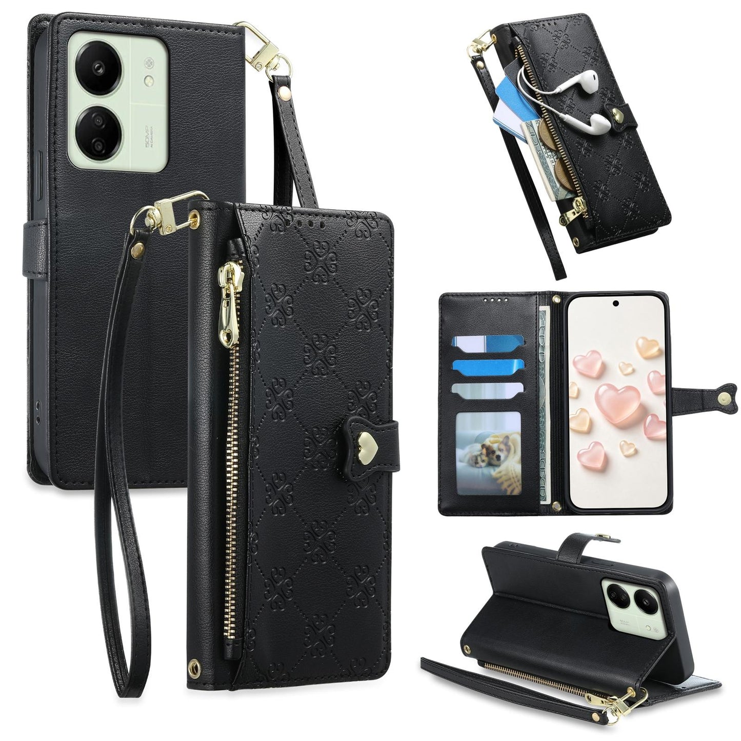 For Redmi 13C / 13R / Poco M6 5G Zipper Wallet Heart Buckle Vegan Leather Phone Case with Wrist Strap(Black)