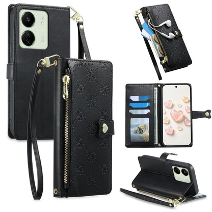 For Redmi 13C / 13R / Poco M6 5G Zipper Wallet Heart Buckle Vegan Leather Phone Case with Wrist Strap(Black)