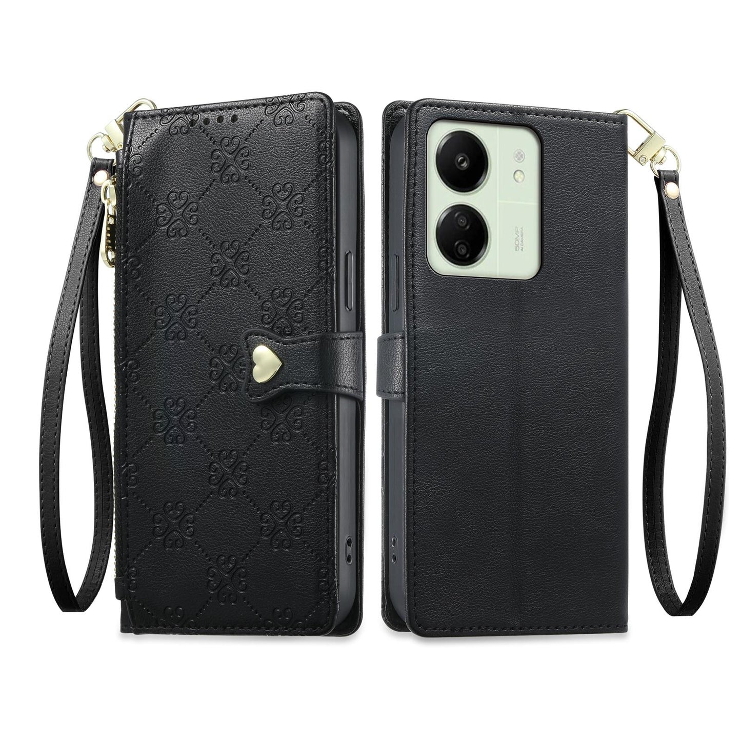 For Redmi 13C / 13R / Poco M6 5G Zipper Wallet Heart Buckle Vegan Leather Phone Case with Wrist Strap(Black)