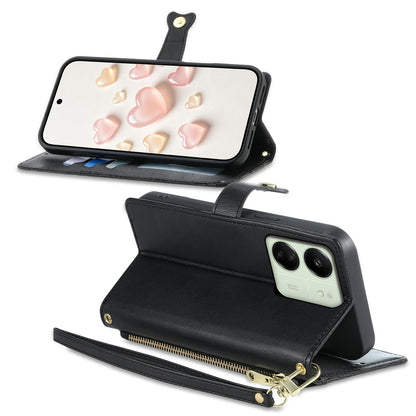 For Redmi 13C / 13R / Poco M6 5G Zipper Wallet Heart Buckle Vegan Leather Phone Case with Wrist Strap(Black)