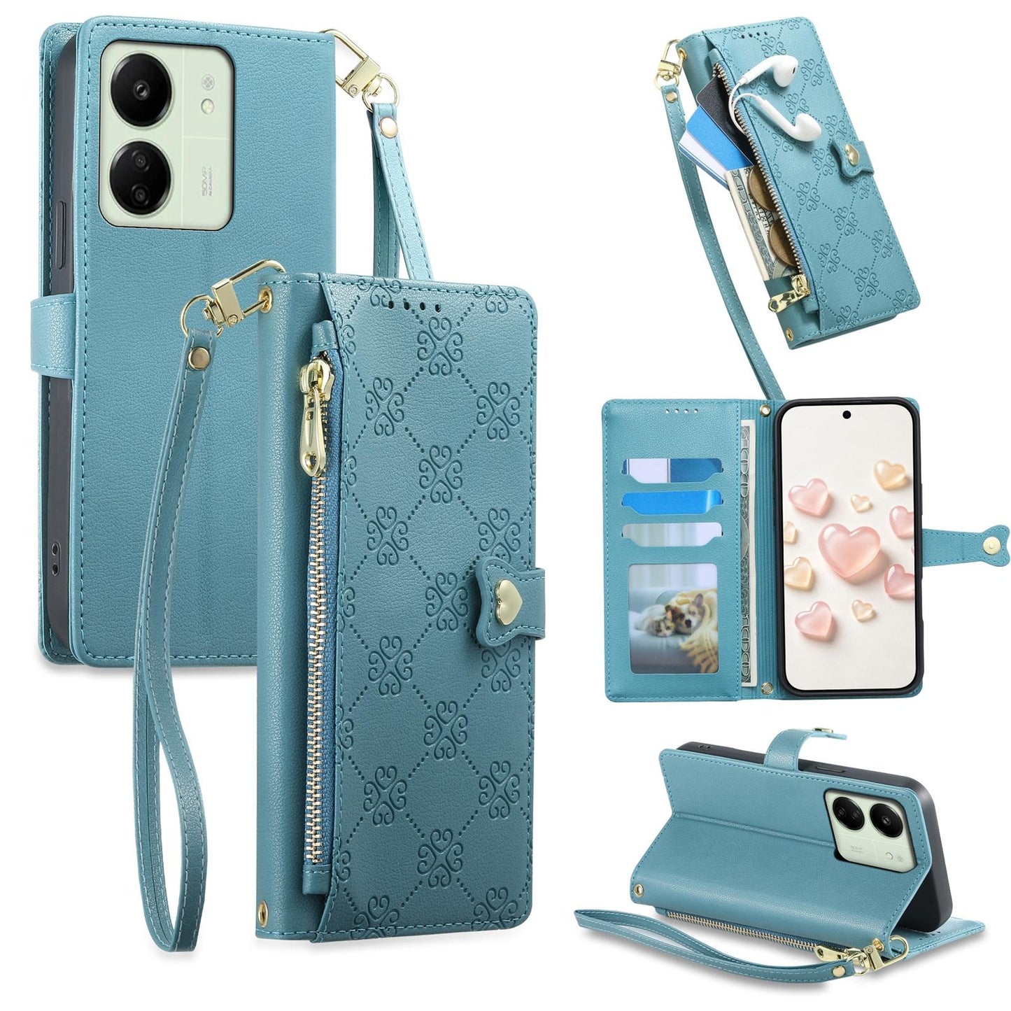 For Redmi 13C / 13R / Poco M6 5G Zipper Wallet Heart Buckle Vegan Leather Phone Case with Wrist Strap(Lake Blue)