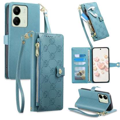 For Redmi 13C / 13R / Poco M6 5G Zipper Wallet Heart Buckle Vegan Leather Phone Case with Wrist Strap(Lake Blue)