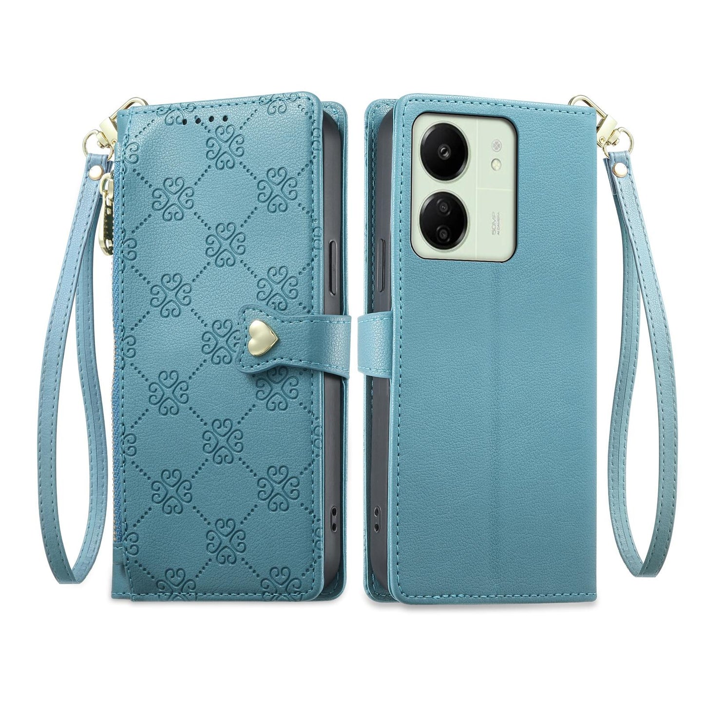For Redmi 13C / 13R / Poco M6 5G Zipper Wallet Heart Buckle Vegan Leather Phone Case with Wrist Strap(Lake Blue)