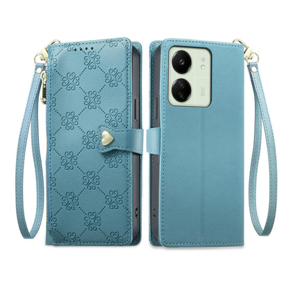For Redmi 13C / 13R / Poco M6 5G Zipper Wallet Heart Buckle Vegan Leather Phone Case with Wrist Strap(Lake Blue)