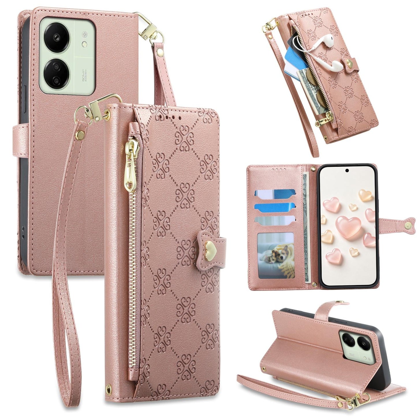 For Redmi 13C / 13R / Poco M6 5G Zipper Wallet Heart Buckle Vegan Leather Phone Case with Wrist Strap(Pink)