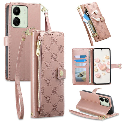 For Redmi 13C / 13R / Poco M6 5G Zipper Wallet Heart Buckle Vegan Leather Phone Case with Wrist Strap(Pink)