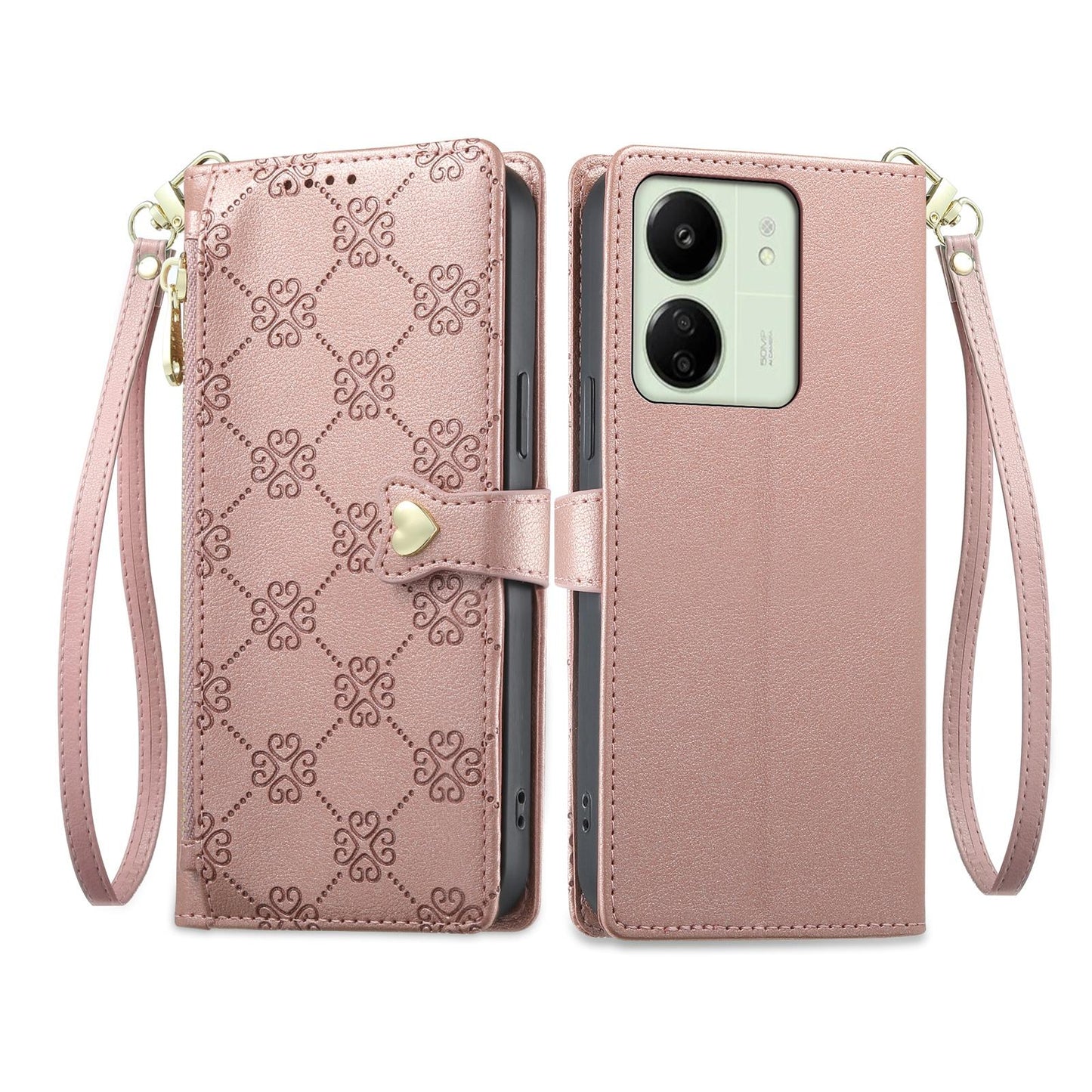 For Redmi 13C / 13R / Poco M6 5G Zipper Wallet Heart Buckle Vegan Leather Phone Case with Wrist Strap(Pink)