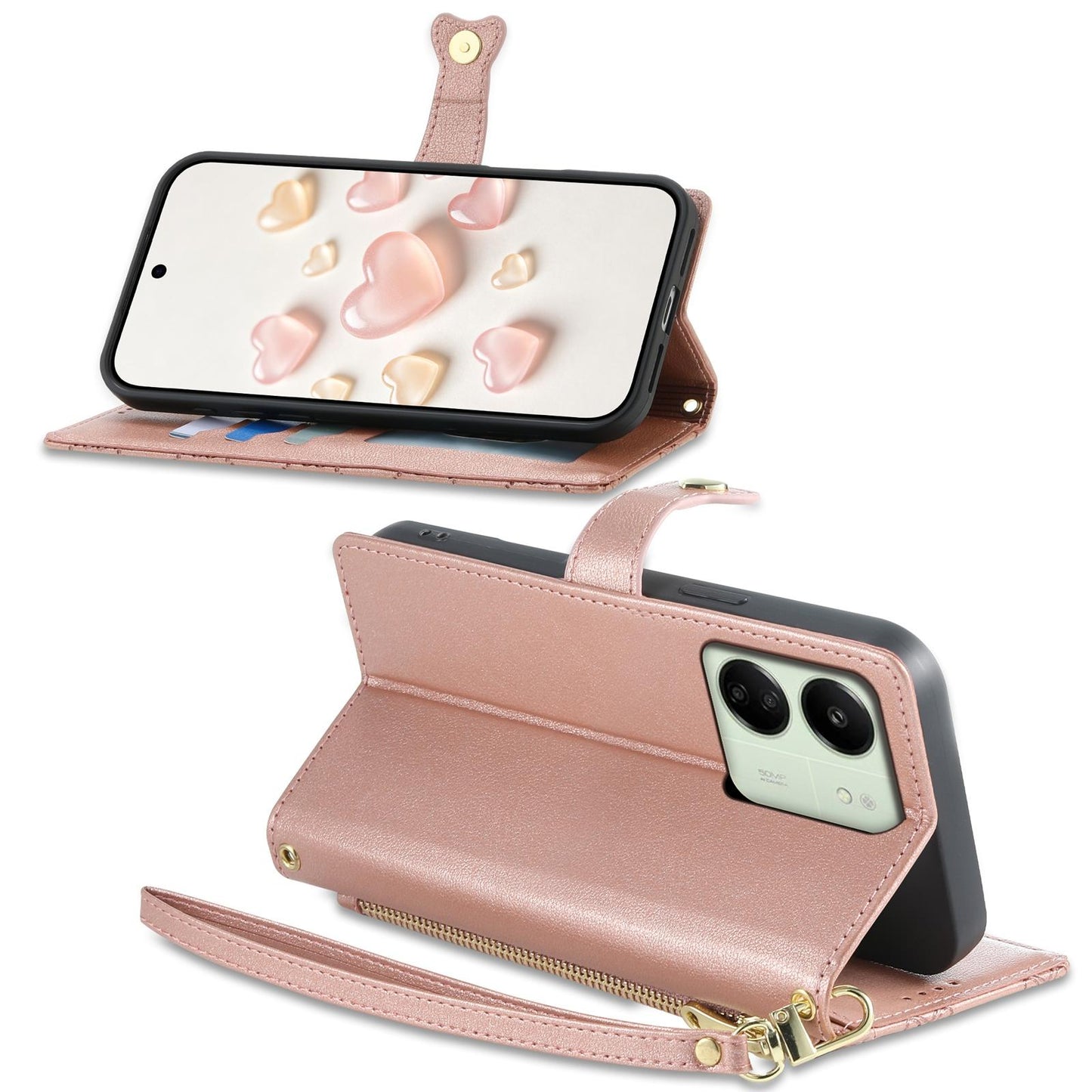 For Redmi 13C / 13R / Poco M6 5G Zipper Wallet Heart Buckle Vegan Leather Phone Case with Wrist Strap(Pink)