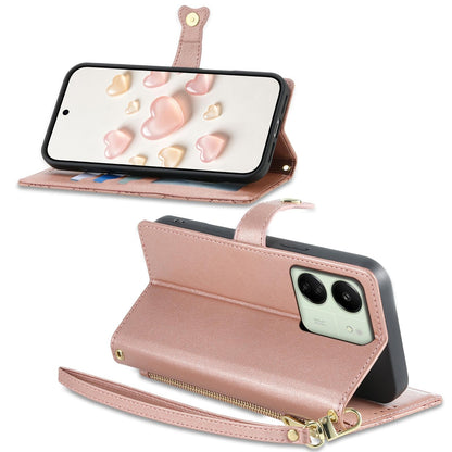 For Redmi 13C / 13R / Poco M6 5G Zipper Wallet Heart Buckle Vegan Leather Phone Case with Wrist Strap(Pink)