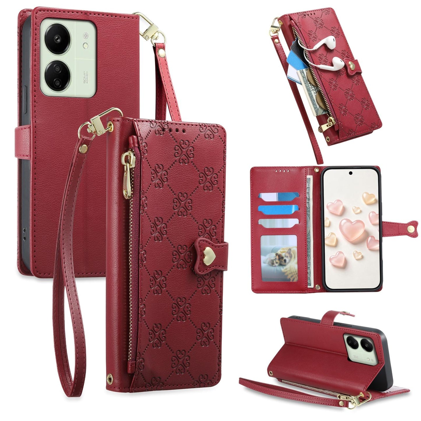 For Redmi 13C / 13R / Poco M6 5G Zipper Wallet Heart Buckle Vegan Leather Phone Case with Wrist Strap(Red)