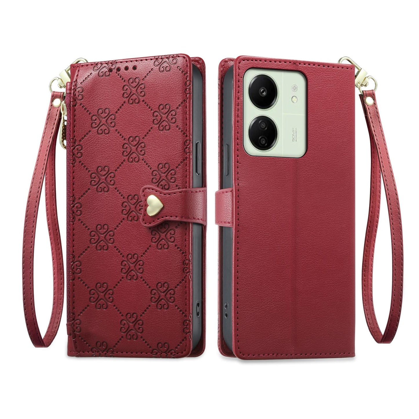 For Redmi 13C / 13R / Poco M6 5G Zipper Wallet Heart Buckle Vegan Leather Phone Case with Wrist Strap(Red)