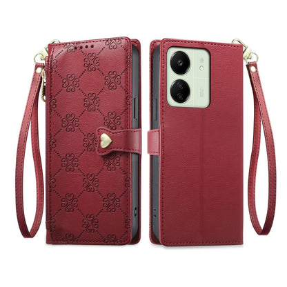For Redmi 13C / 13R / Poco M6 5G Zipper Wallet Heart Buckle Vegan Leather Phone Case with Wrist Strap(Red)