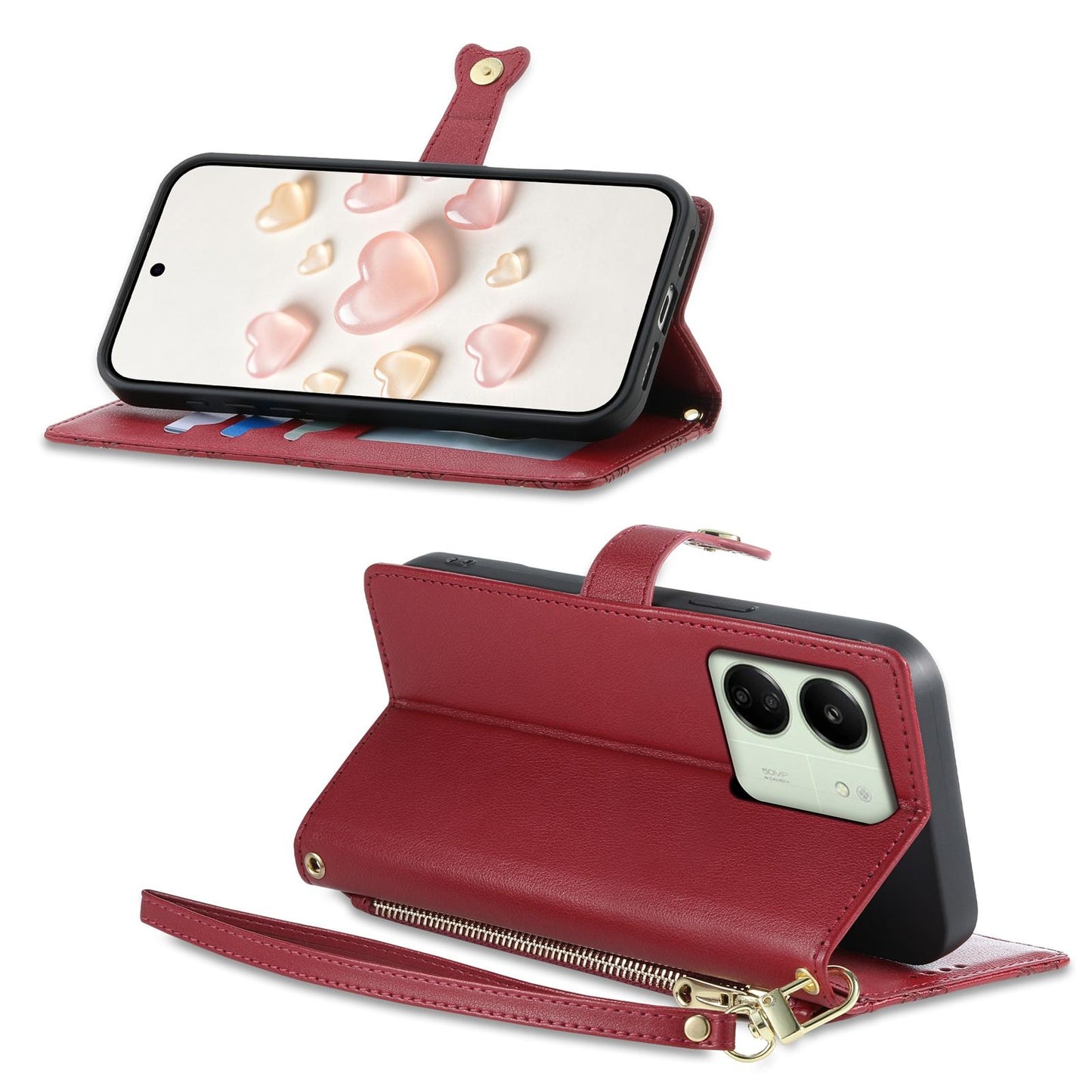 For Redmi 13C / 13R / Poco M6 5G Zipper Wallet Heart Buckle Vegan Leather Phone Case with Wrist Strap(Red)