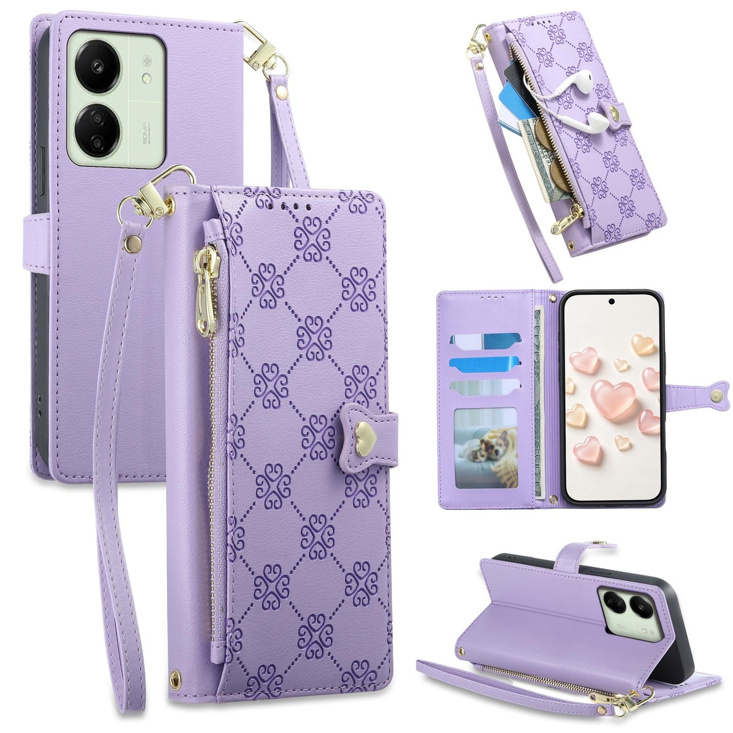 For Redmi 13C / 13R / Poco M6 5G Zipper Wallet Heart Buckle Vegan Leather Phone Case with Wrist Strap(Purple)