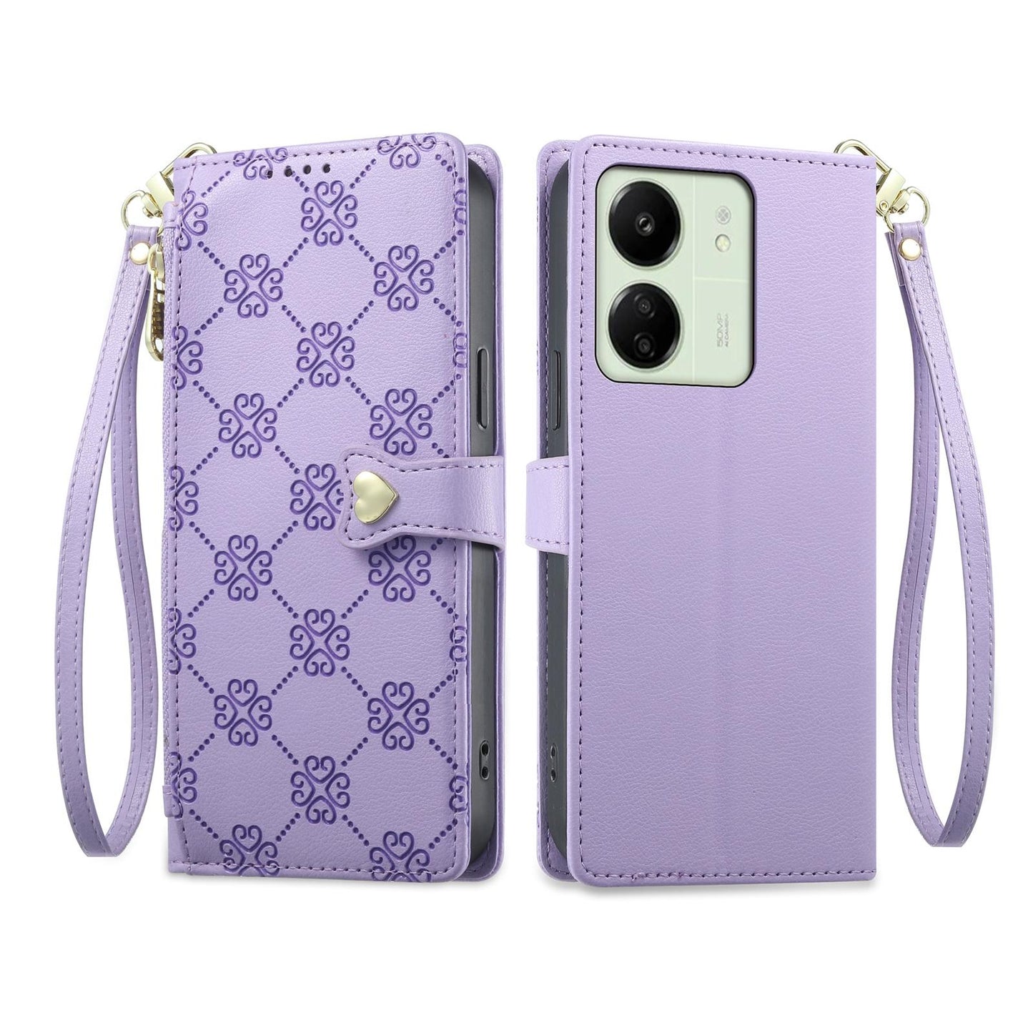 For Redmi 13C / 13R / Poco M6 5G Zipper Wallet Heart Buckle Vegan Leather Phone Case with Wrist Strap(Purple)
