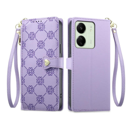 For Redmi 13C / 13R / Poco M6 5G Zipper Wallet Heart Buckle Vegan Leather Phone Case with Wrist Strap(Purple)