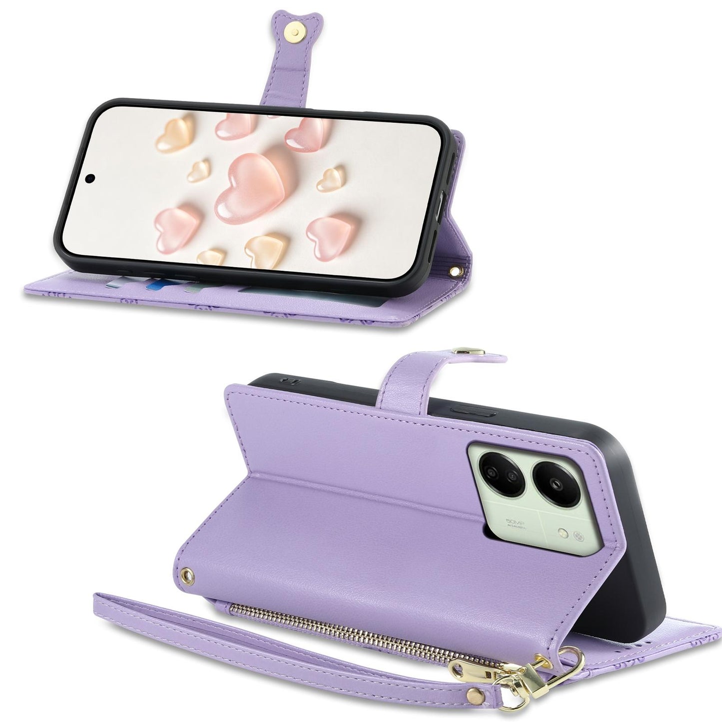 For Redmi 13C / 13R / Poco M6 5G Zipper Wallet Heart Buckle Vegan Leather Phone Case with Wrist Strap(Purple)