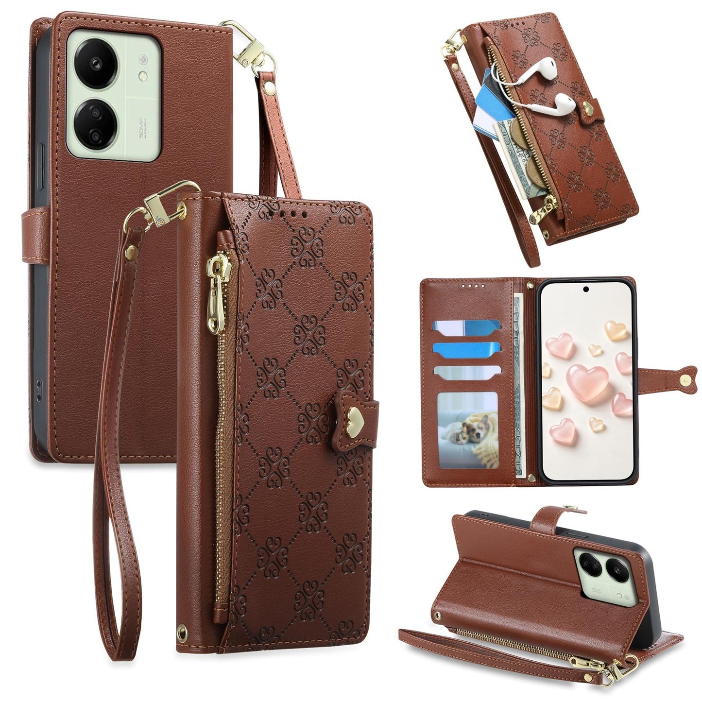 For Redmi 13C / 13R / Poco M6 5G Zipper Wallet Heart Buckle Vegan Leather Phone Case with Wrist Strap(Brown)