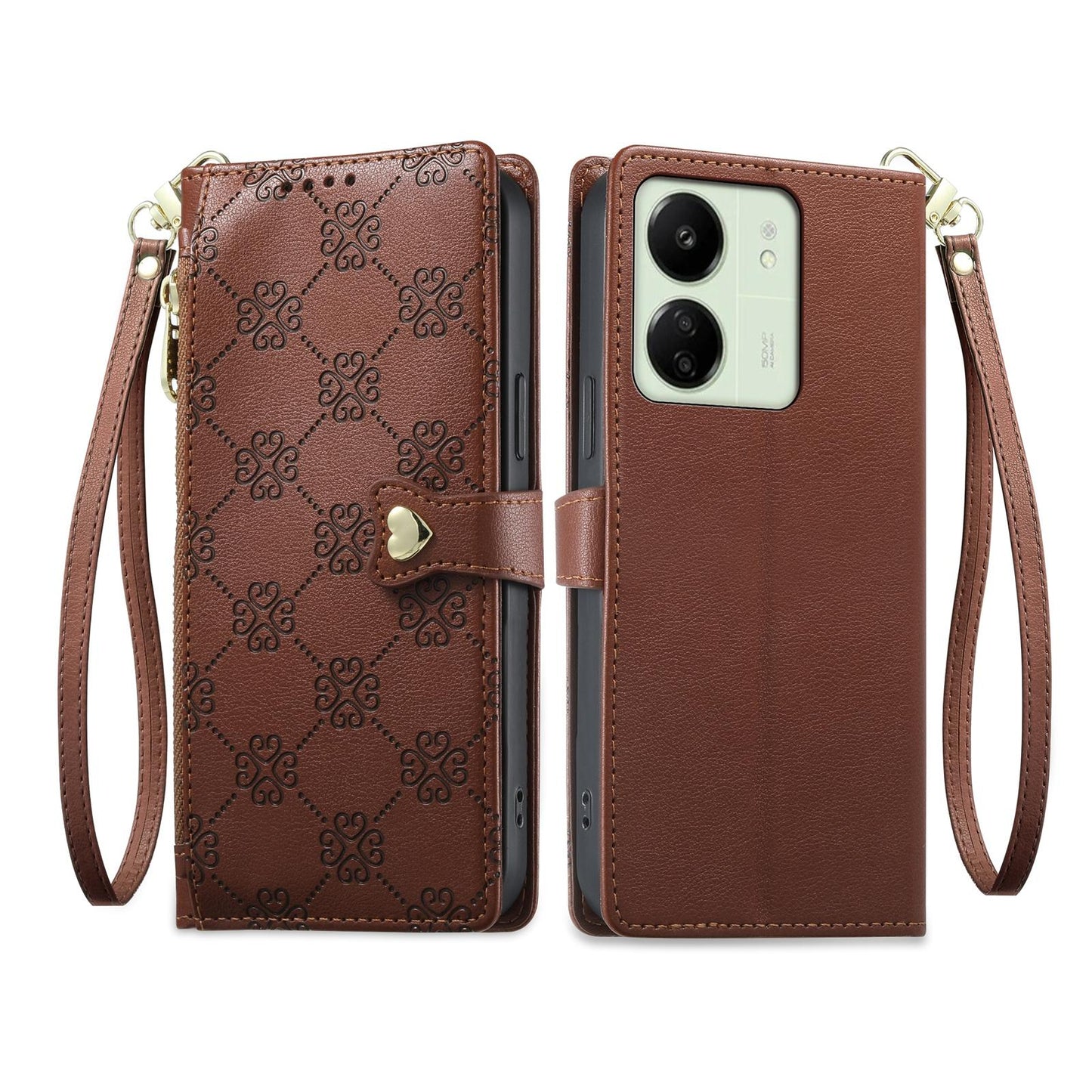 For Redmi 13C / 13R / Poco M6 5G Zipper Wallet Heart Buckle Vegan Leather Phone Case with Wrist Strap(Brown)