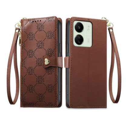 For Redmi 13C / 13R / Poco M6 5G Zipper Wallet Heart Buckle Vegan Leather Phone Case with Wrist Strap(Brown)