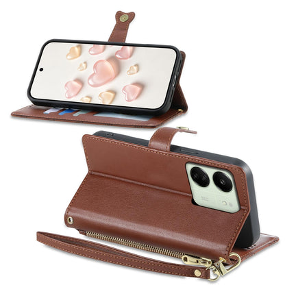 For Redmi 13C / 13R / Poco M6 5G Zipper Wallet Heart Buckle Vegan Leather Phone Case with Wrist Strap(Brown)