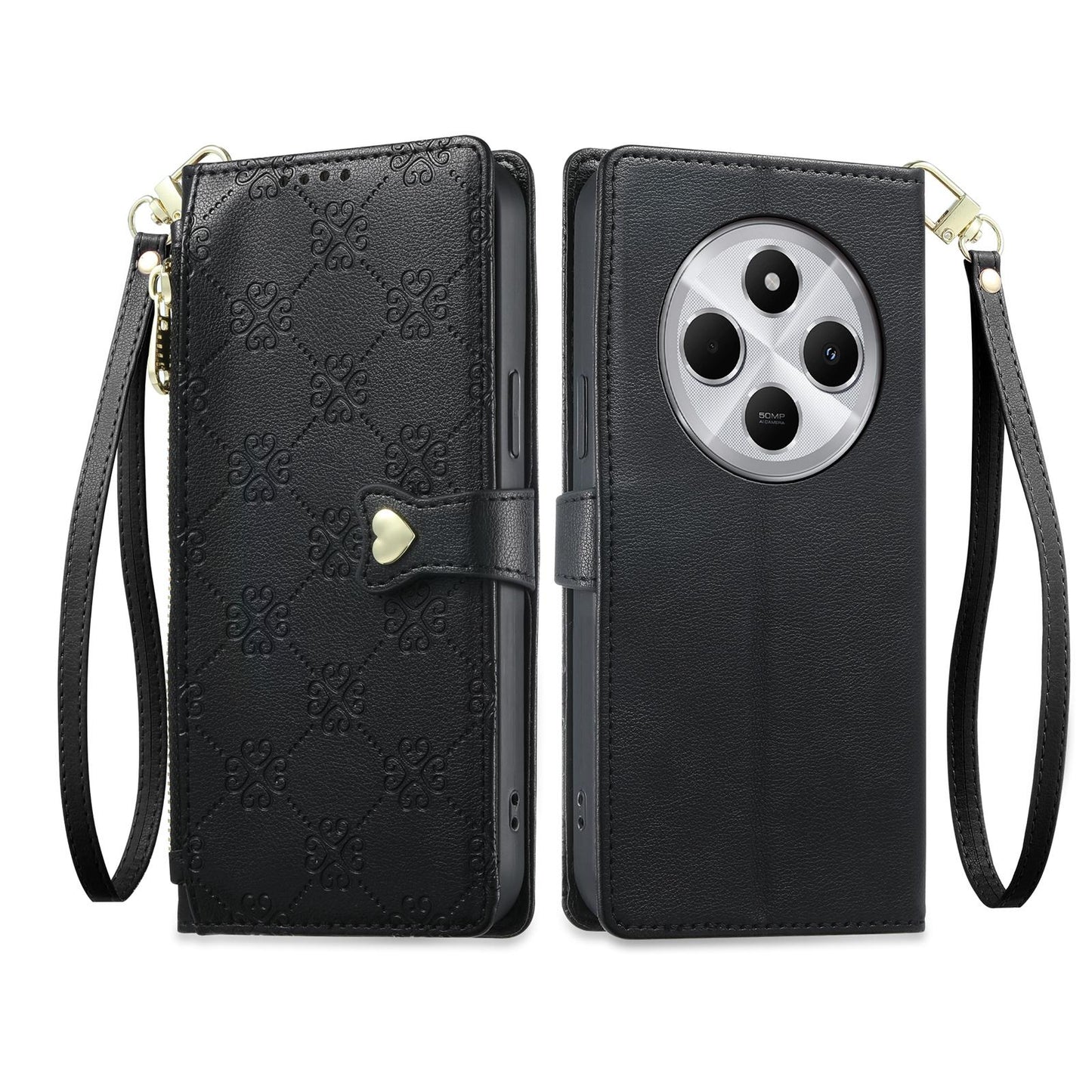 For Redmi 14C 4G / 14R / A4 5G Zipper Wallet Heart Buckle Vegan Leather Phone Case with Wrist Strap(Black)